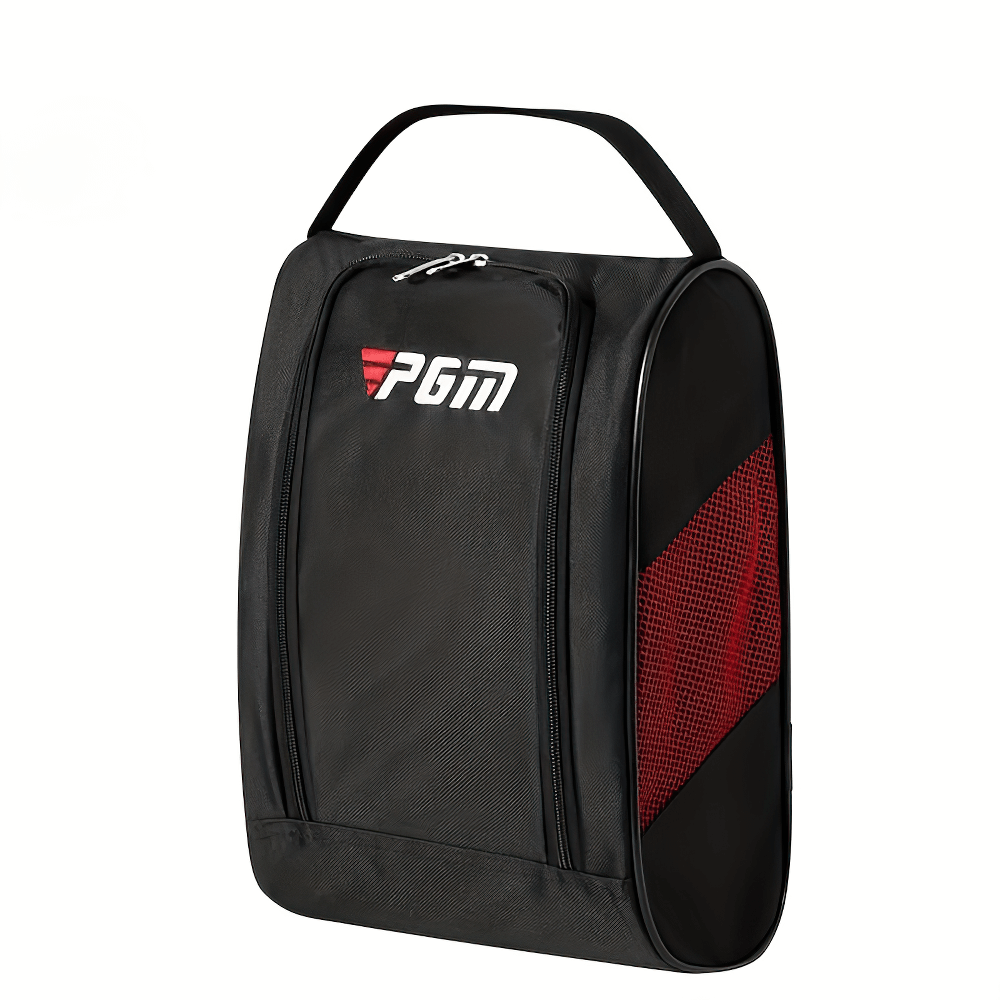 Black PGM golf shoe bag with ventilation, featuring a red mesh panel and zipper closure, perfect for travel and sports.