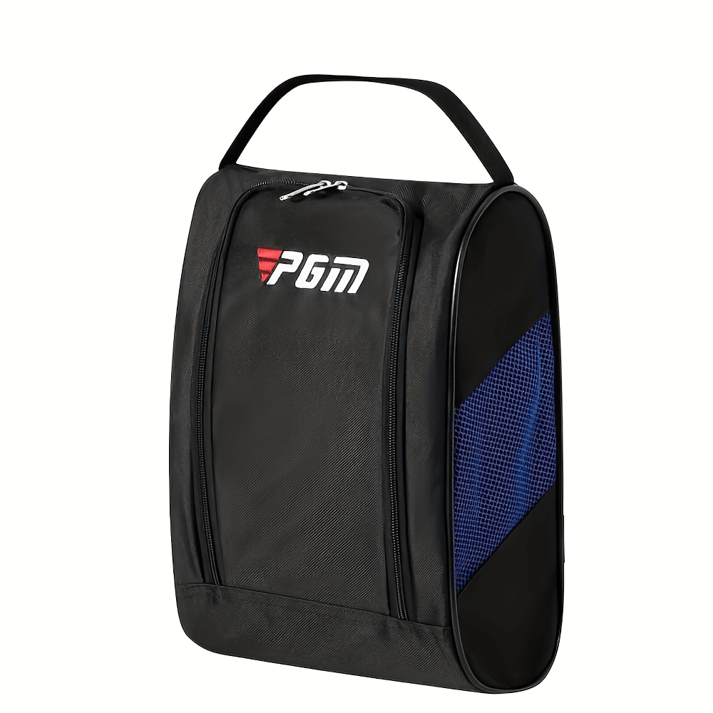 Durable golf shoe bag with ventilation, zipper closure, and sporty design, ideal for travel and sports storage.