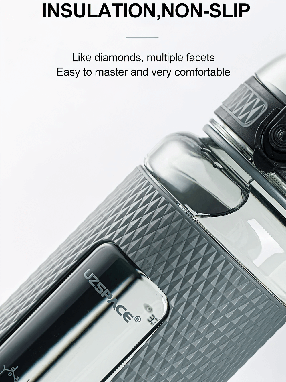 Close-up of durable, non-slip sports water bottle with textured grip and insulation, highlighting its sleek design and branding.