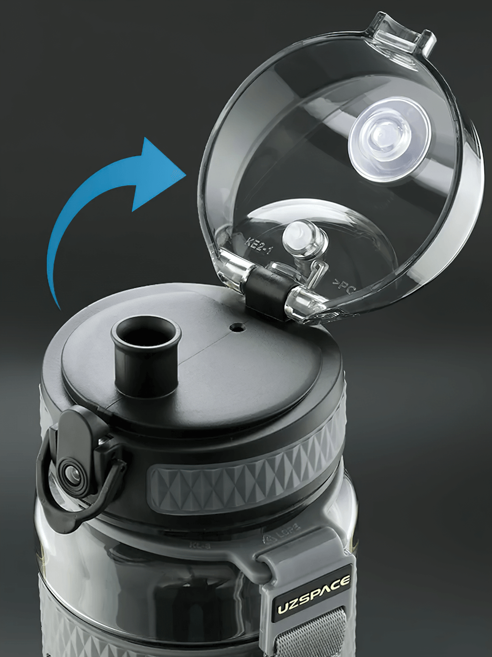 Durable leak-proof sports water bottle with open lid, BPA-free Tritan material, and convenient handle, ideal for outdoors.