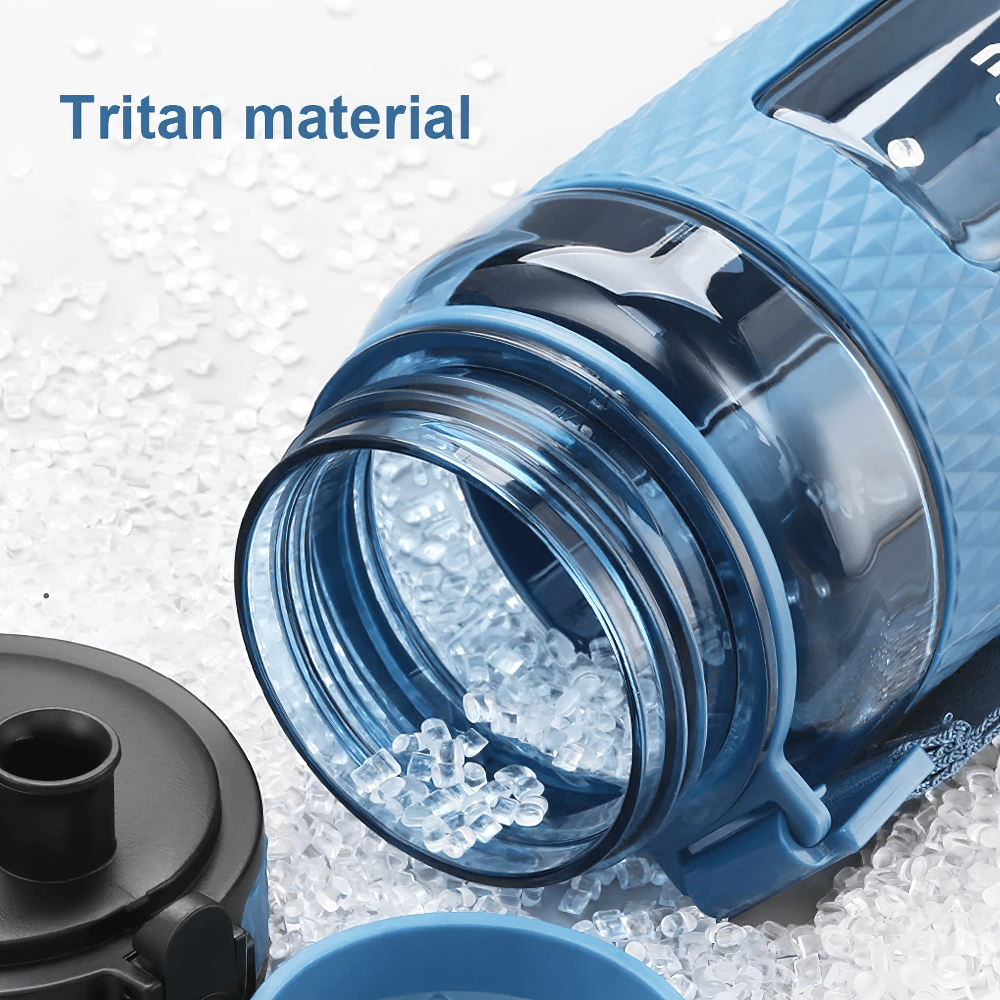 Close-up of blue Tritan water bottle showcasing leak-proof design and eco-friendly material with non-slip texture.