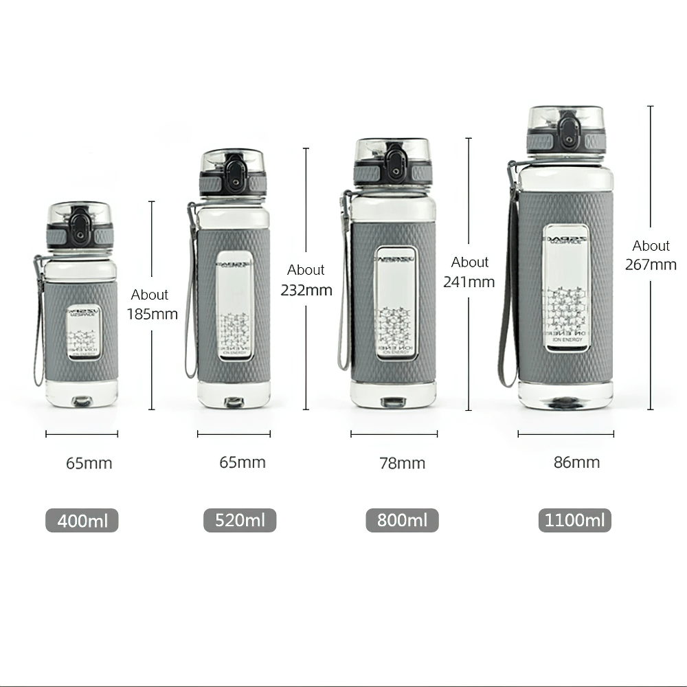Four sizes of durable, leak-proof sports water bottles with handle, showcasing measurements from 400ml to 1100ml.