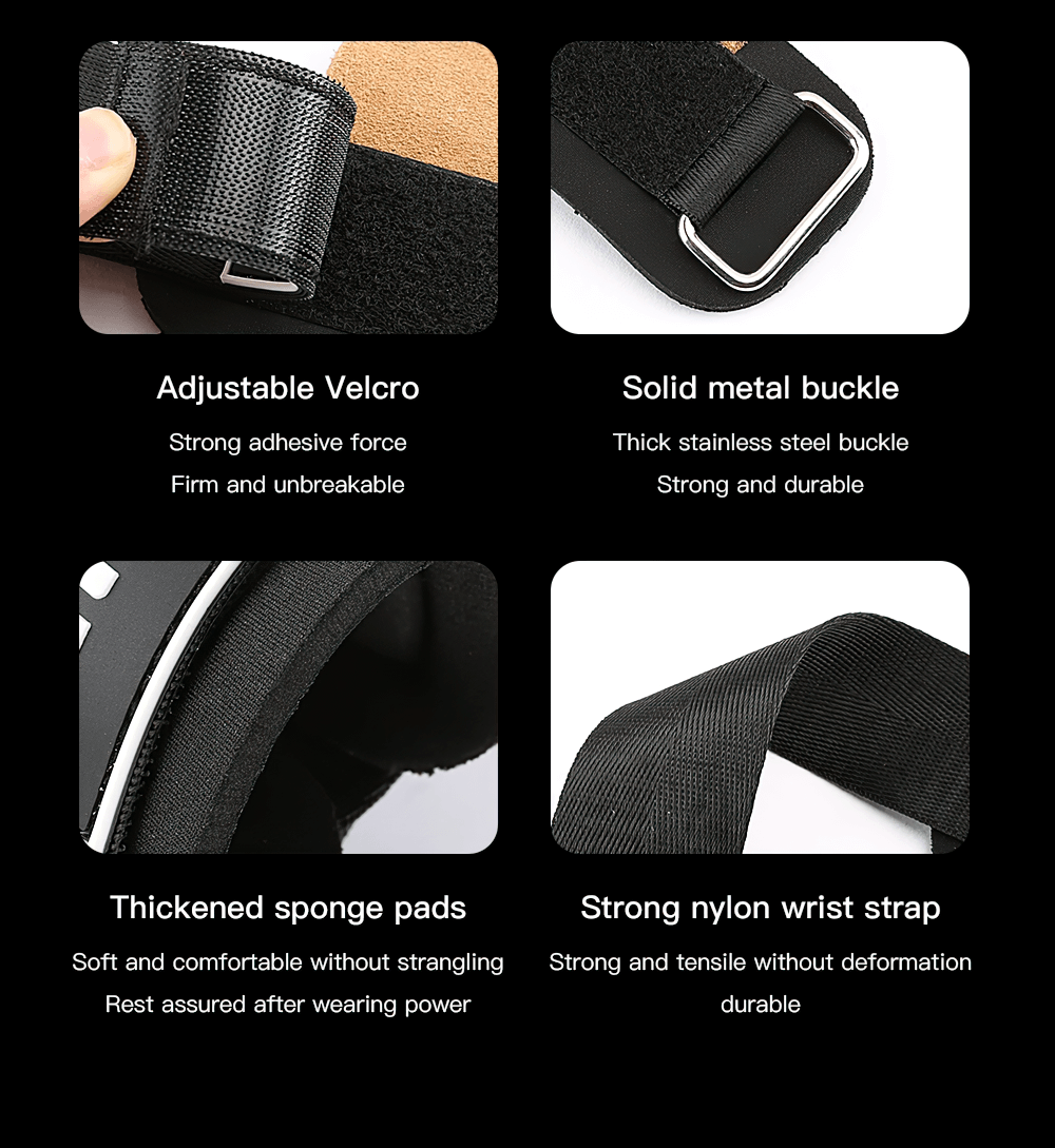 Features of Durable Leather Hand Grips for Gym Training - SF3543 with adjustable Velcro, metal buckle, sponge pads, and nylon wrist strap