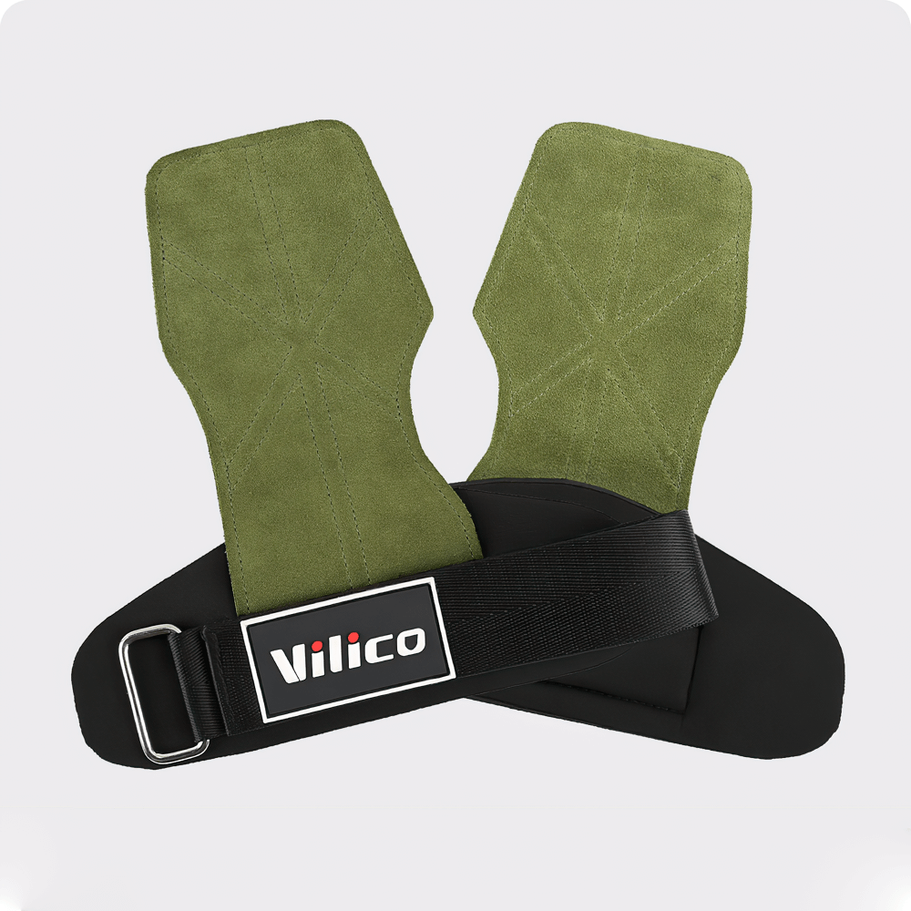 Durable Leather Hand Grips for Gym Training - SF3543, green leather materials with adjustable strap for secure fit and palm protection.