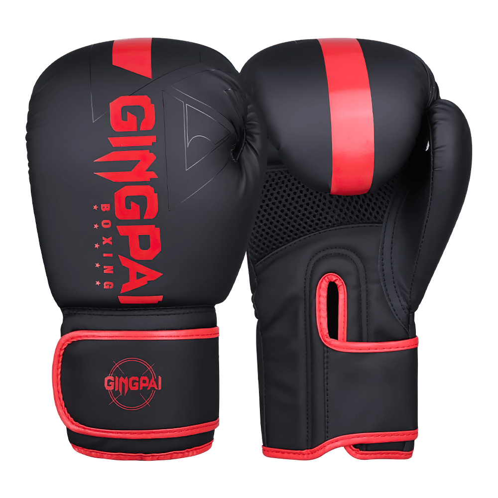 Black and red PU leather boxing gloves with enhanced wrist support for training and sparring.