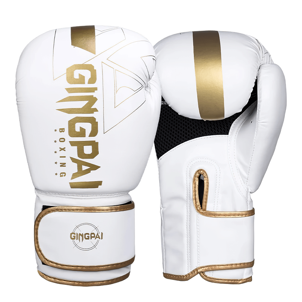 Durable PU leather boxing gloves with wrist straps for training and sparring, featuring breathable mesh and gold accents.