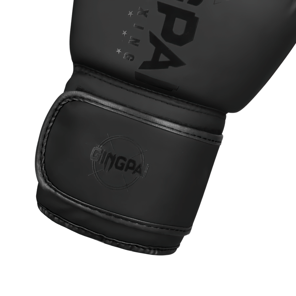 Close-up of durable PU leather boxing glove SF2685 with wrist strap for training and sparring, featuring enhanced support and protection.
