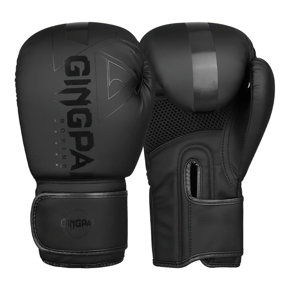 Durable black PU leather boxing gloves with enhanced wrist support and breathable mesh, ideal for training and sparring.