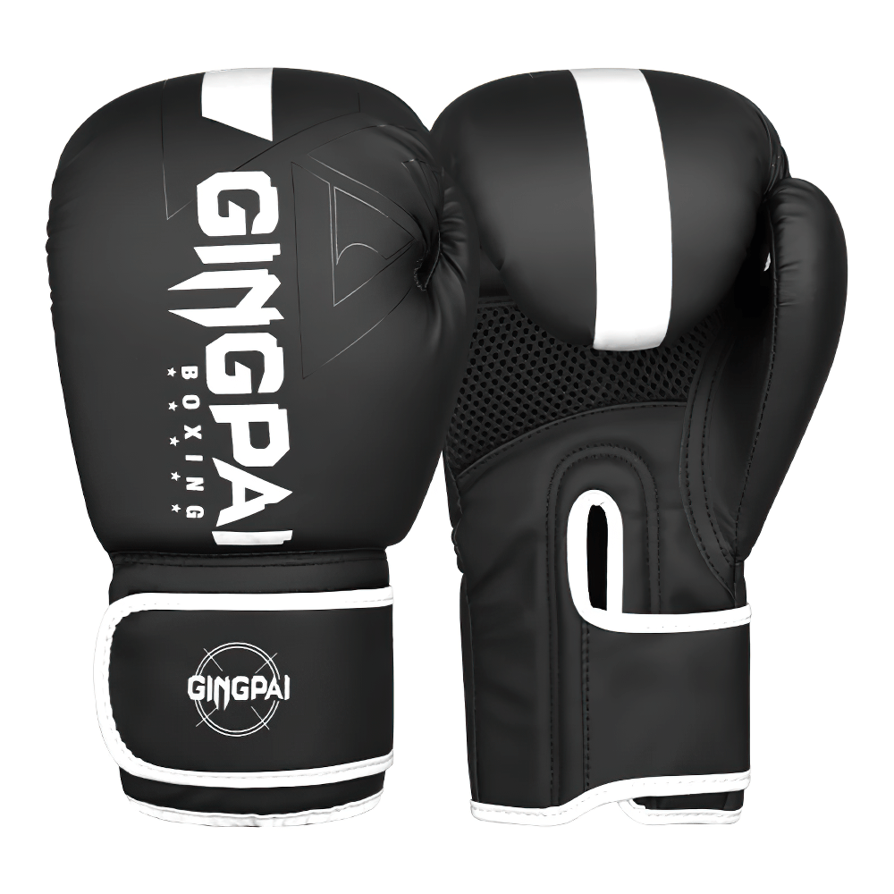 Durable black PU leather boxing gloves for training with enhanced wrist support and breathable mesh design.