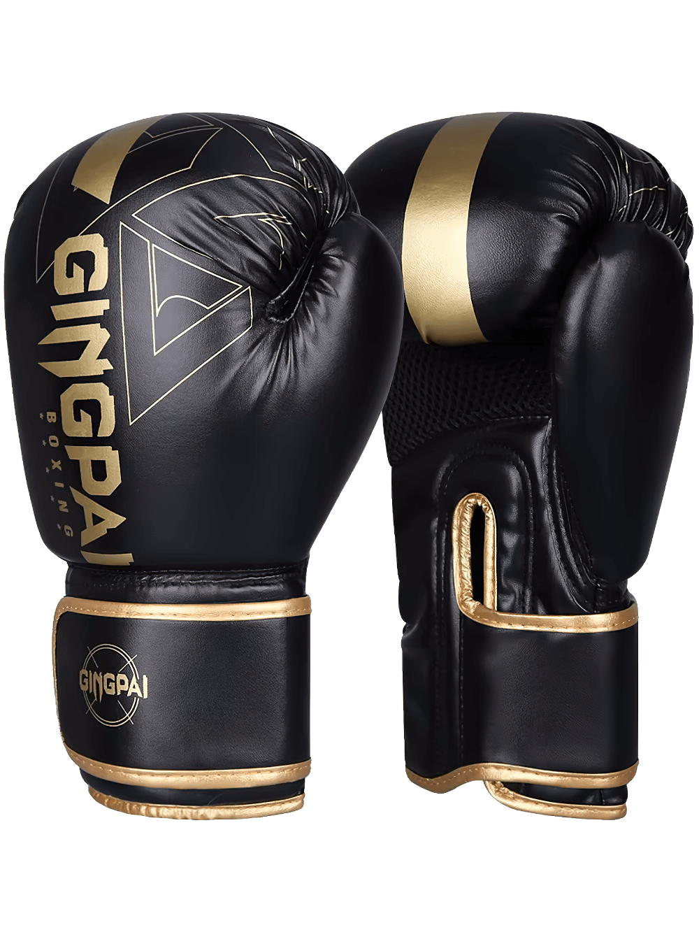 Durable PU leather boxing gloves with secure wrist straps and breathable mesh design for training, sparring, and competitions.