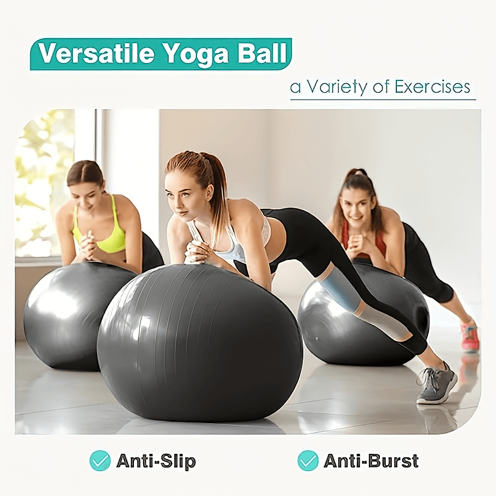 Women exercising with Durable PVC Anti-Burst Yoga Ball SF2845, featuring anti-slip surface for improved stability and core strength training.