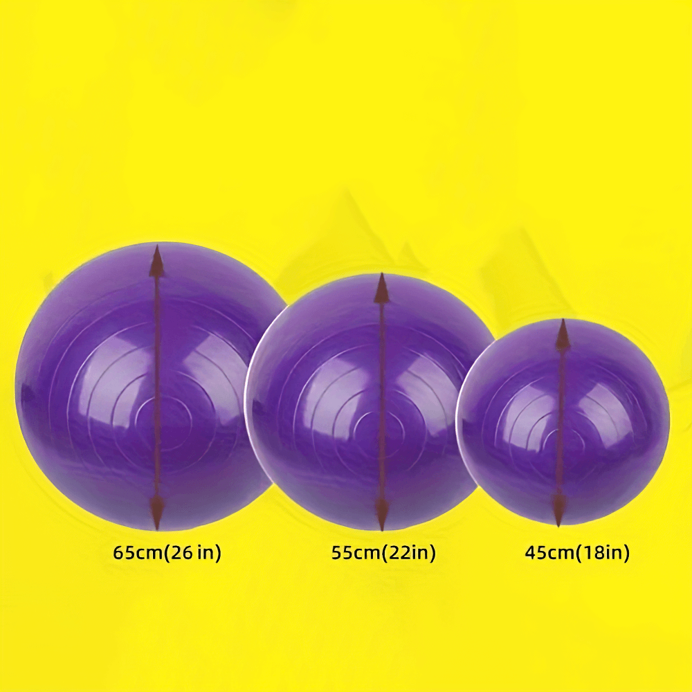 Three purple PVC yoga balls in sizes 65cm, 55cm, and 45cm, ideal for core strength and posture training on a yellow background.