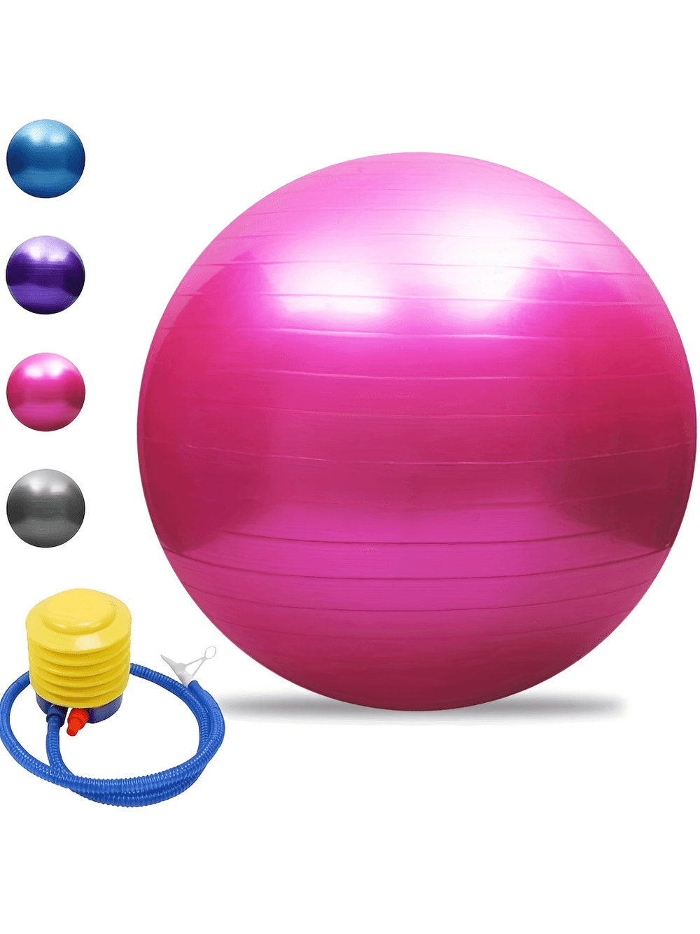 Durable pink PVC yoga ball with pump, anti-burst design for fitness, strength training, Pilates, and rehab.