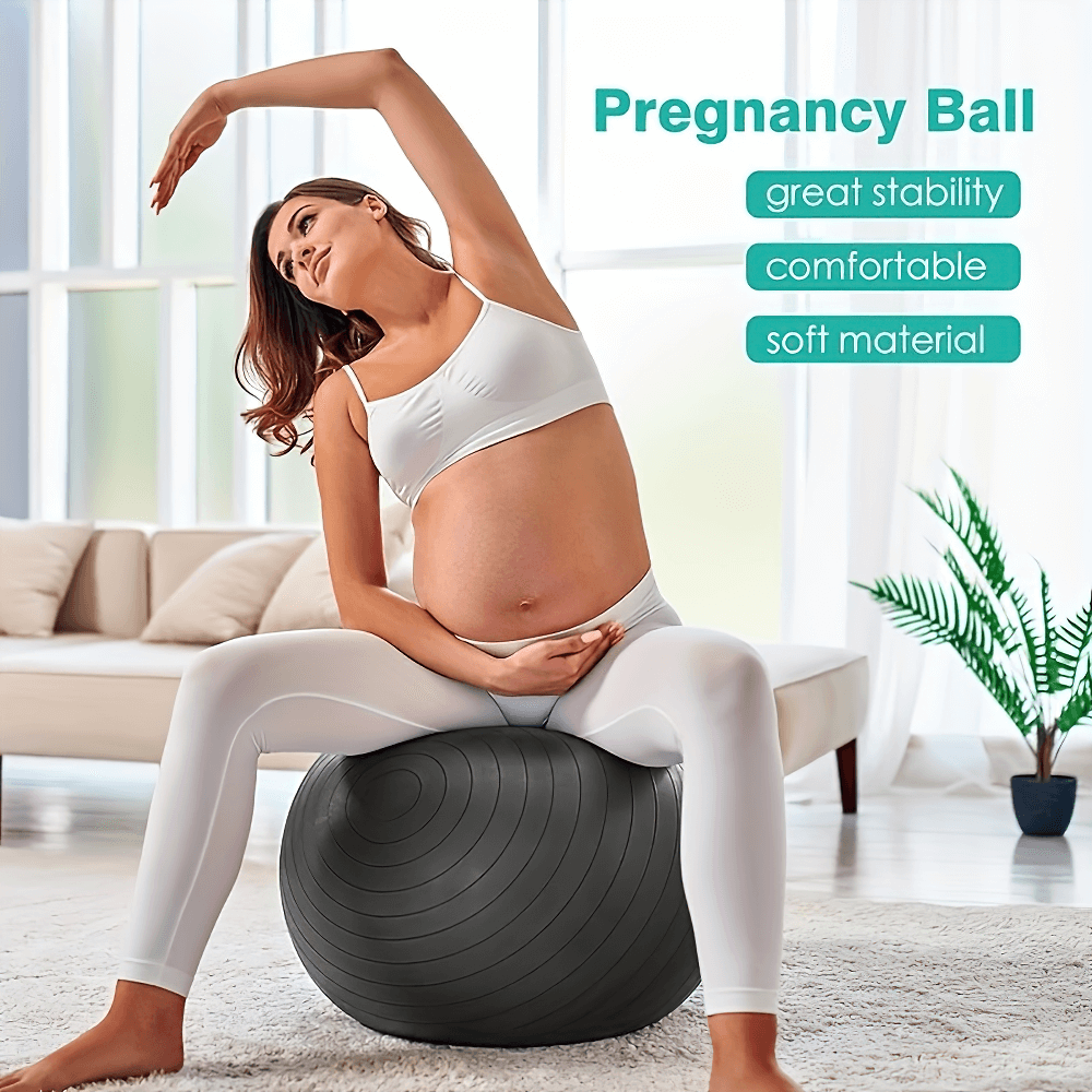 Pregnant woman practicing yoga on a stability ball in a bright living room, highlighting great stability, comfort, and soft material.