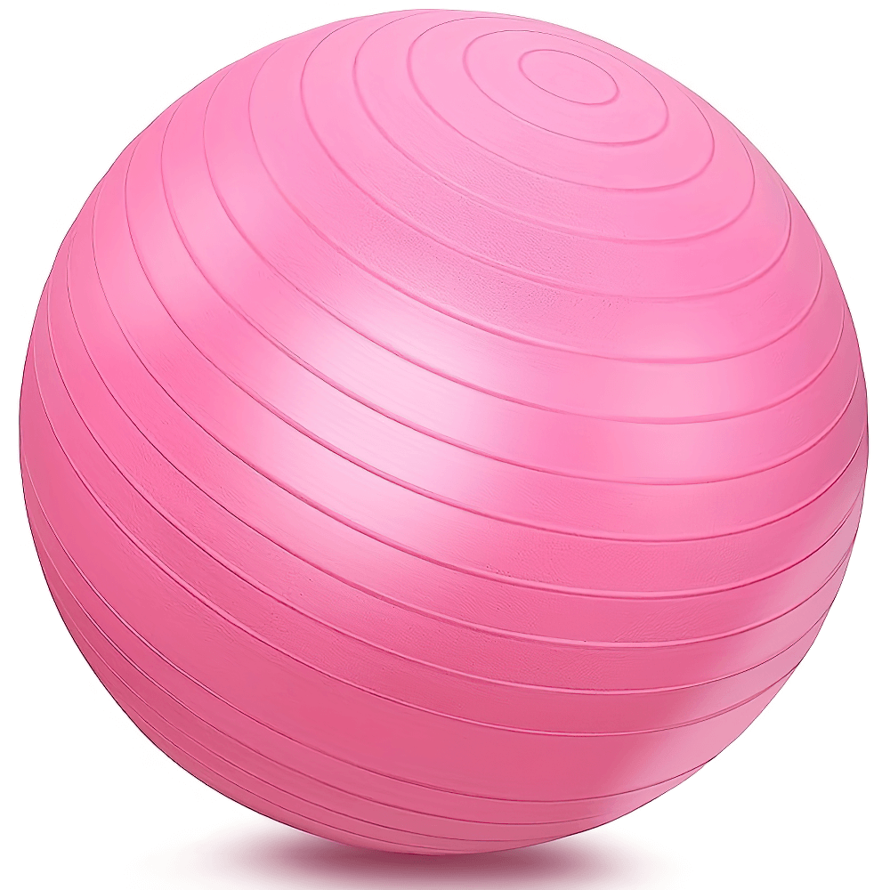 Pink durable PVC yoga ball for fitness, stability, and core training with anti-burst and anti-slip features for safe workouts.