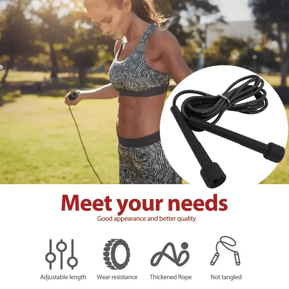 Woman using durable PVC speed jump rope for cardio training outdoors with close-up of ergonomic handles and adjustable length features.