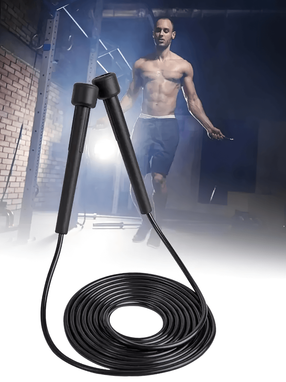 Man using durable PVC speed jump rope for cardio training in gym setting, showcasing fitness and versatility.