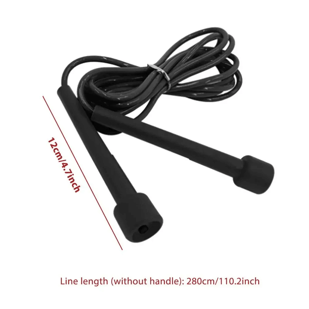 Black durable PVC jump rope with adjustable length and ergonomic handles for cardio, boxing, and fast-paced gym workouts.