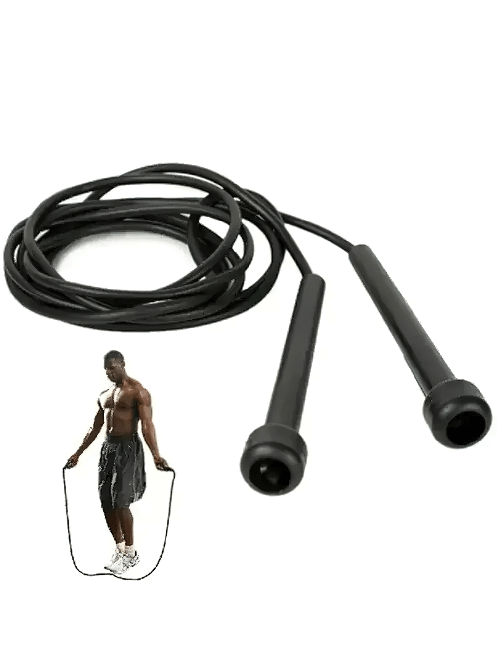 Black PVC speed jump rope with ergonomic handles for cardio and fitness training, featuring an athlete demonstrating workout.