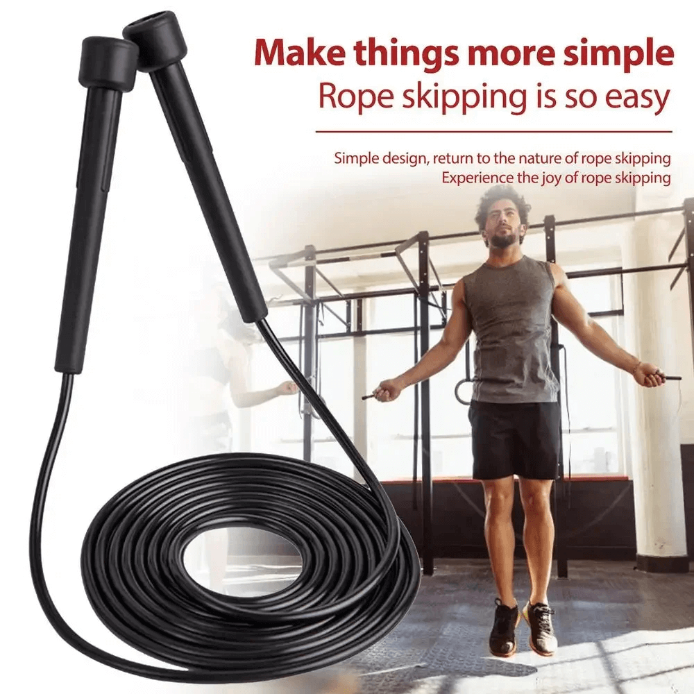 Durable PVC speed jump rope with ergonomic handles for cardio and gym workouts, shown with a person exercising indoors.