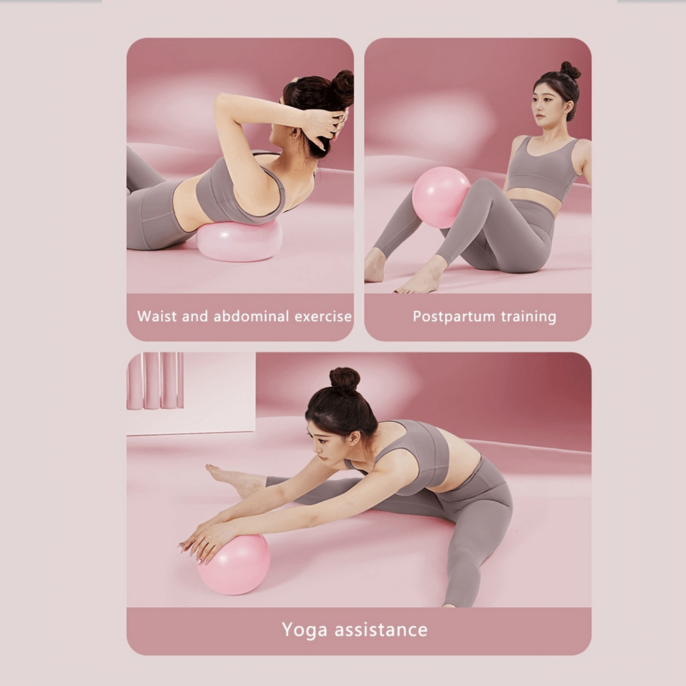 Woman demonstrating Pilates sphere for waist exercise, postpartum training, and yoga assistance in pink activewear.