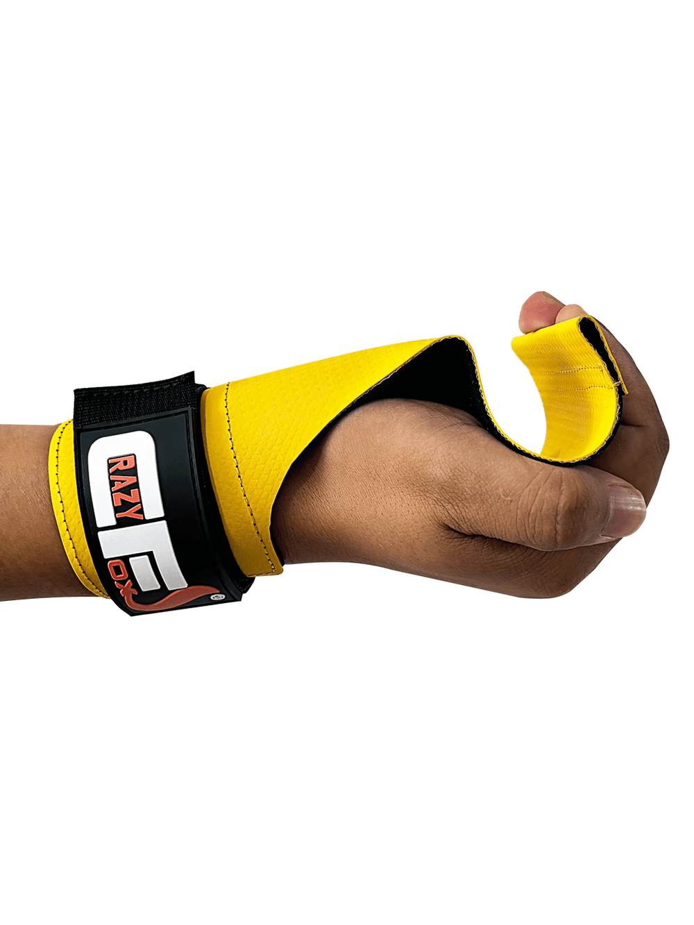 Hand using Durable Rubber Chalk Grips for Weight Lifting - SF3439 in yellow with black strap on wrist, enhancing lifting performance.