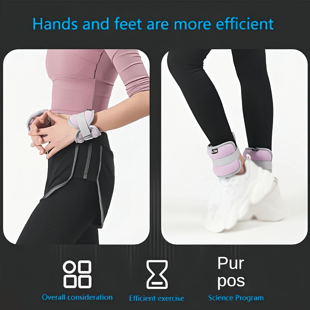 Person wearing durable sandbag wrist and ankle weights for enhanced workout efficiency.