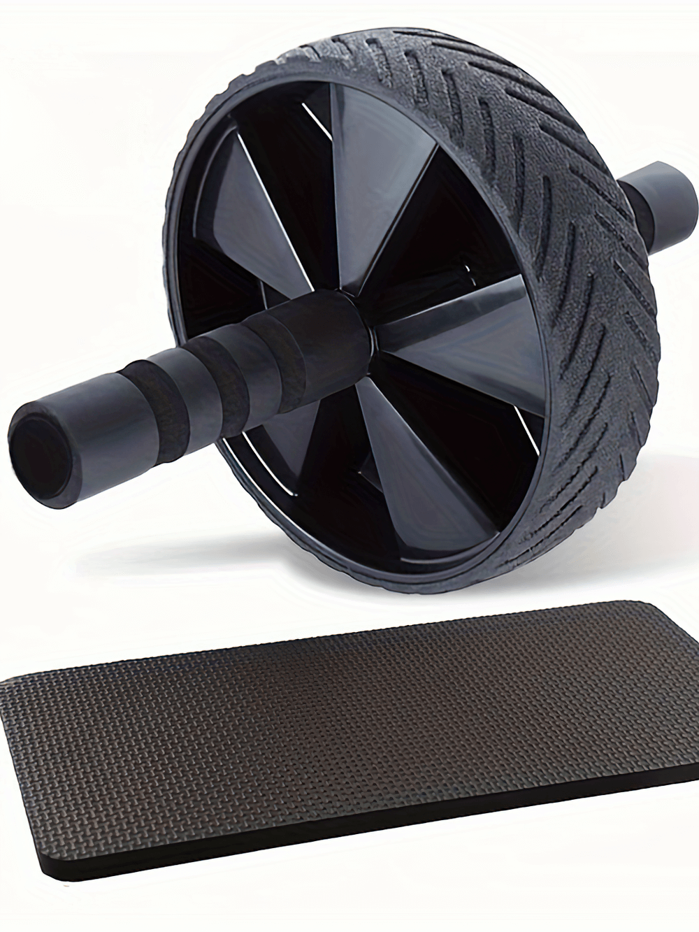 Single-wheel ab roller with non-slip grip handles and mat for core training.