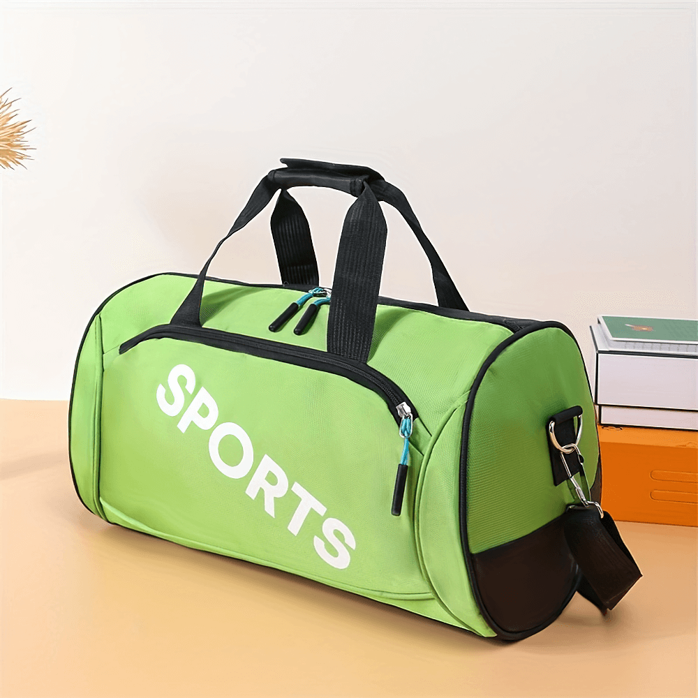 Green Oxford fabric sports duffel bag with bold 'SPORTS' text, secure zipper, and versatile carry options, perfect for gym or travel.