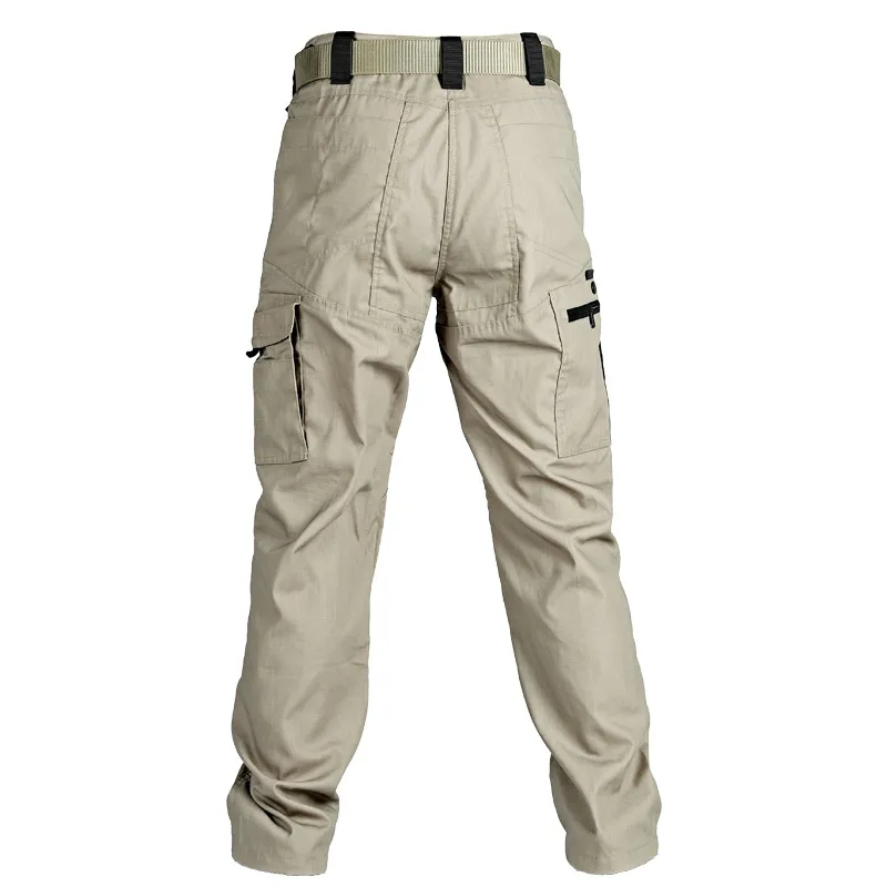 Back view of durable multi-pocket hiking trousers for men, SF2061, showcasing reinforced knees and tactical cargo design.