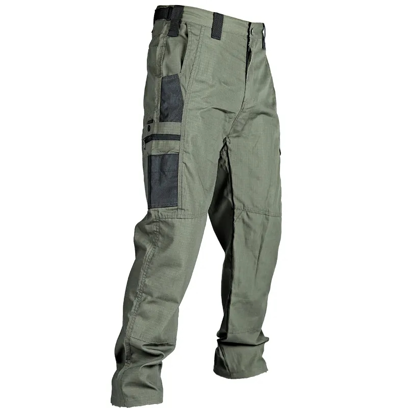 Men's durable multi-pocket cargo hiking trousers with reinforced knees in olive green, perfect for trekking and outdoor adventures.