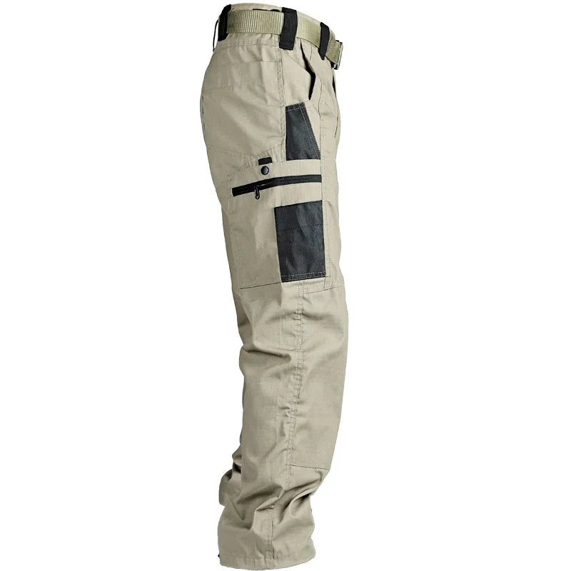 Side view of durable beige trekking trousers with multi-pockets and reinforced knees, ideal for hiking and outdoor activities, model SF2061.