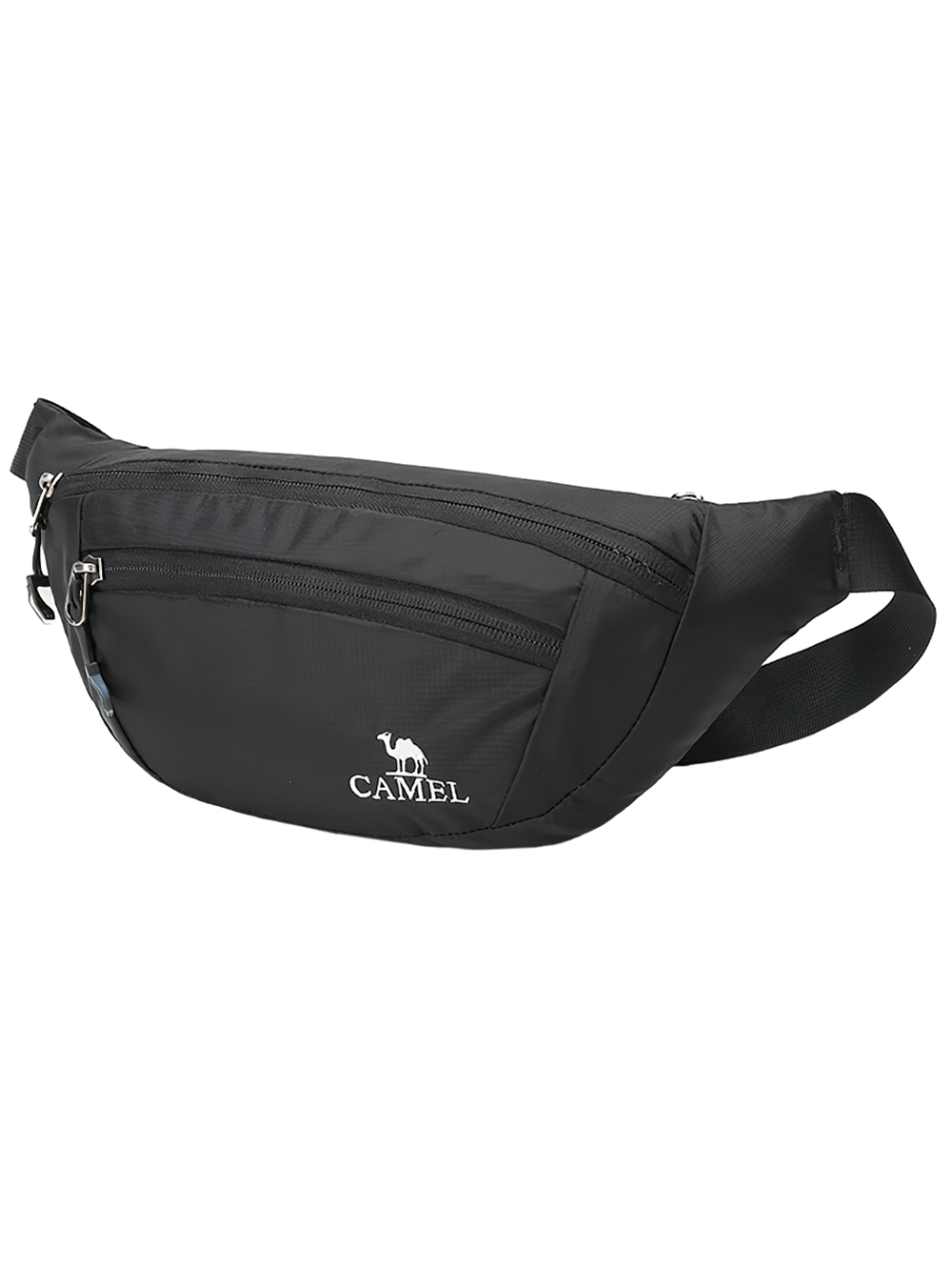 Black water-resistant waist bag for sports and travel, featuring a sleek design and durable polyester material, perfect for active lifestyles.