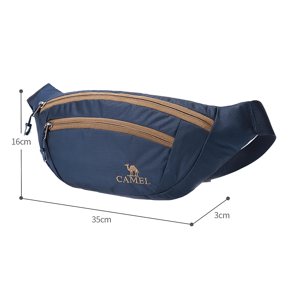 Durable water-resistant blue waist bag for sports SF2300, with three compartments and adjustable strap, ideal for outdoor activities.