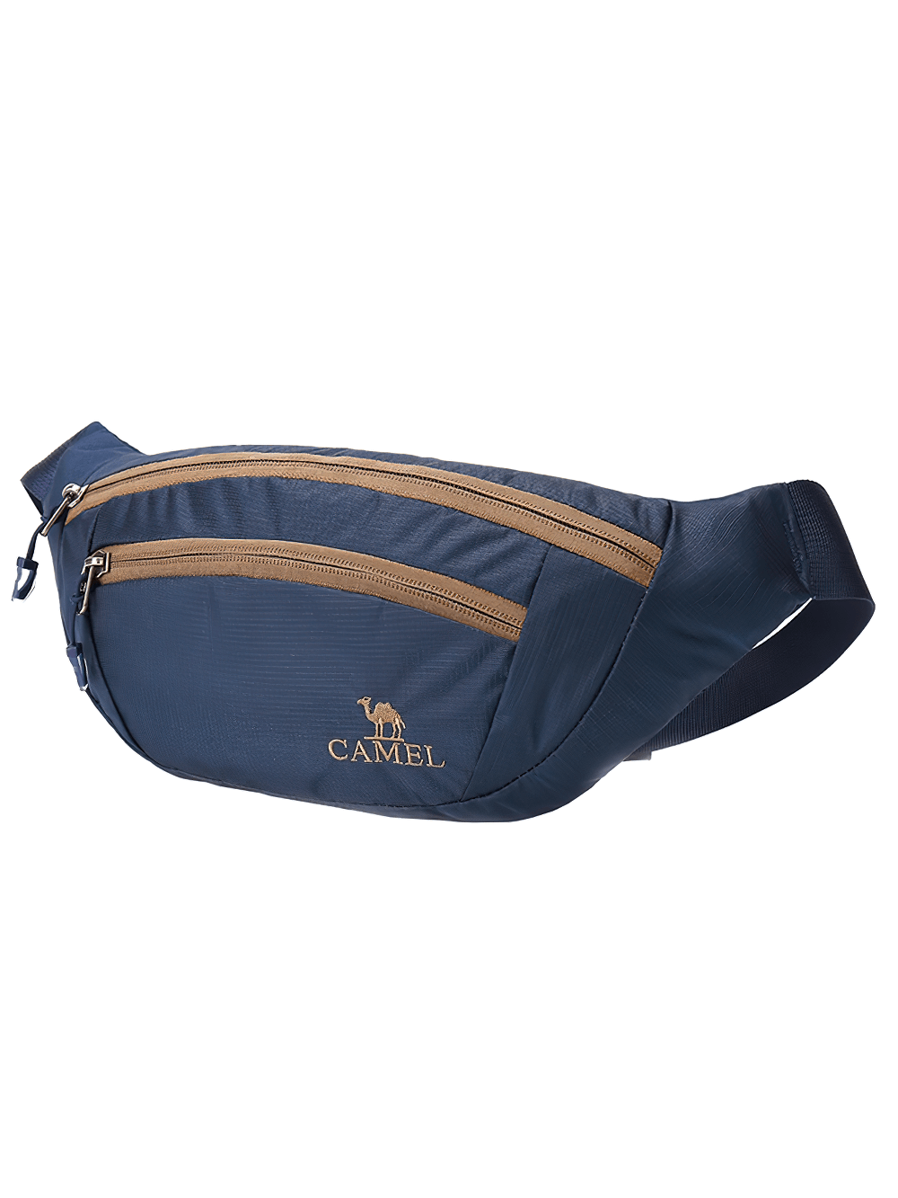 Durable blue water-resistant waist bag for sports and travel, featuring zippered pockets and stylish design.