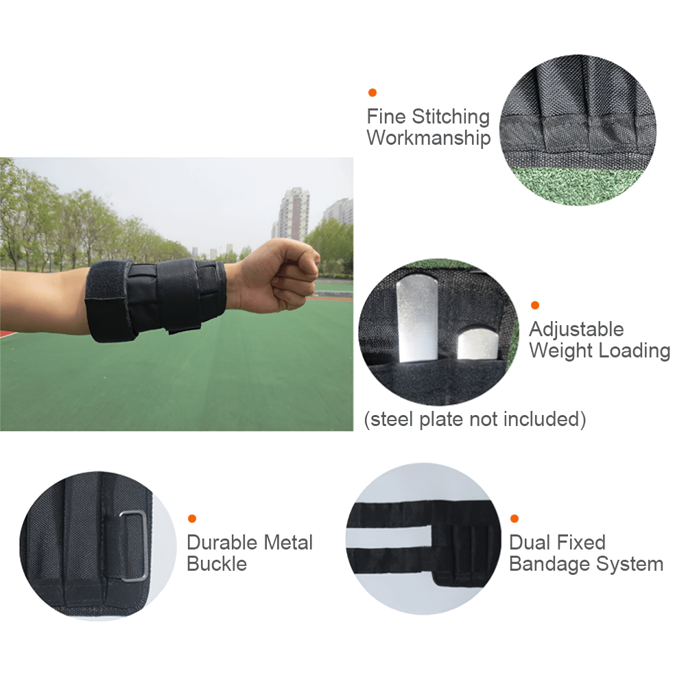 Adjustable ankle and wrist weights featuring fine stitching, durable buckle, and dual bandage system for strength training.