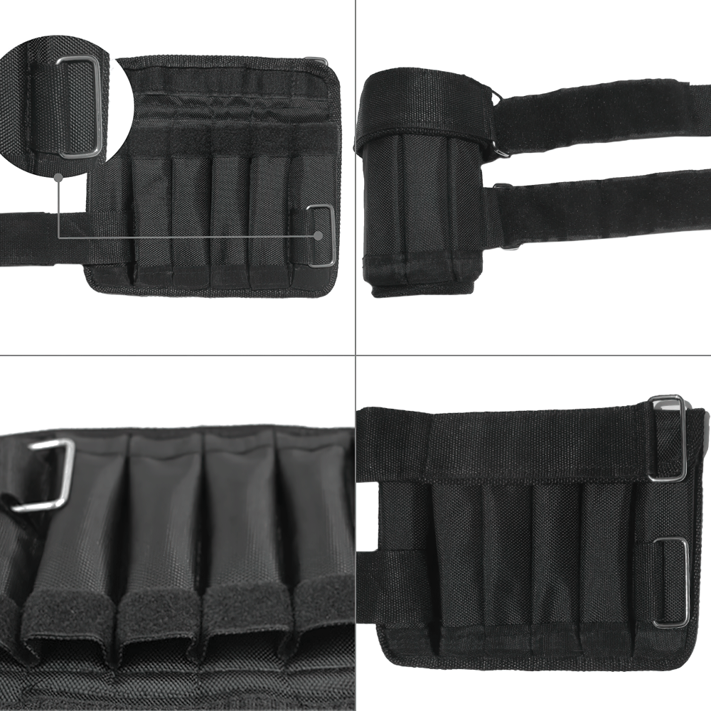 Close-up of durable adjustable ankle and wrist weights in black Oxford fabric with secure straps, perfect for gym workouts.