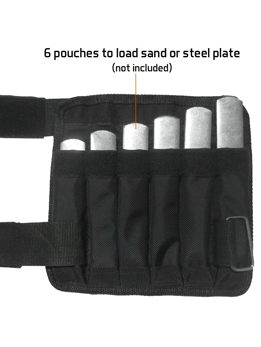 Close-up of black weighted straps with 6 pouches for sand or steel plates. Adjustable and durable for gym workouts.