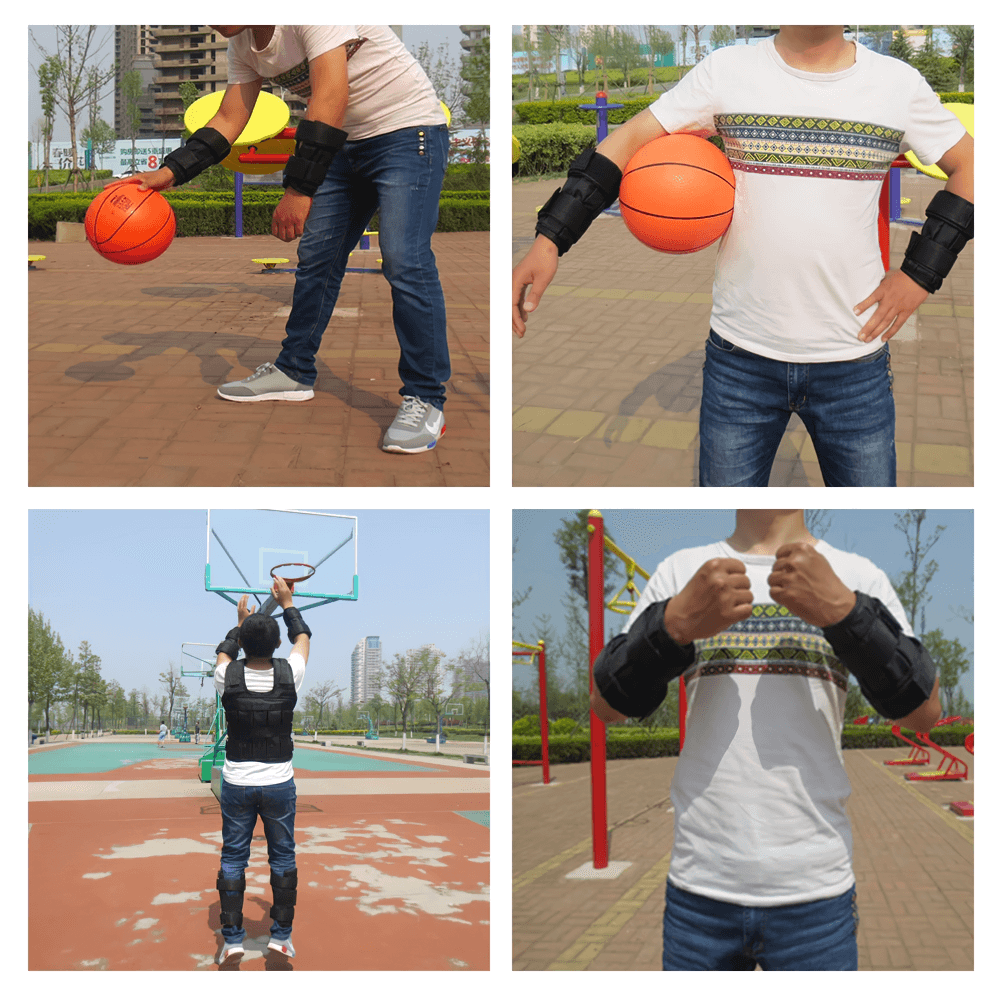 Person demonstrating Durable Weighted Straps for gym and outdoor basketball workouts with wrist and ankle weights.