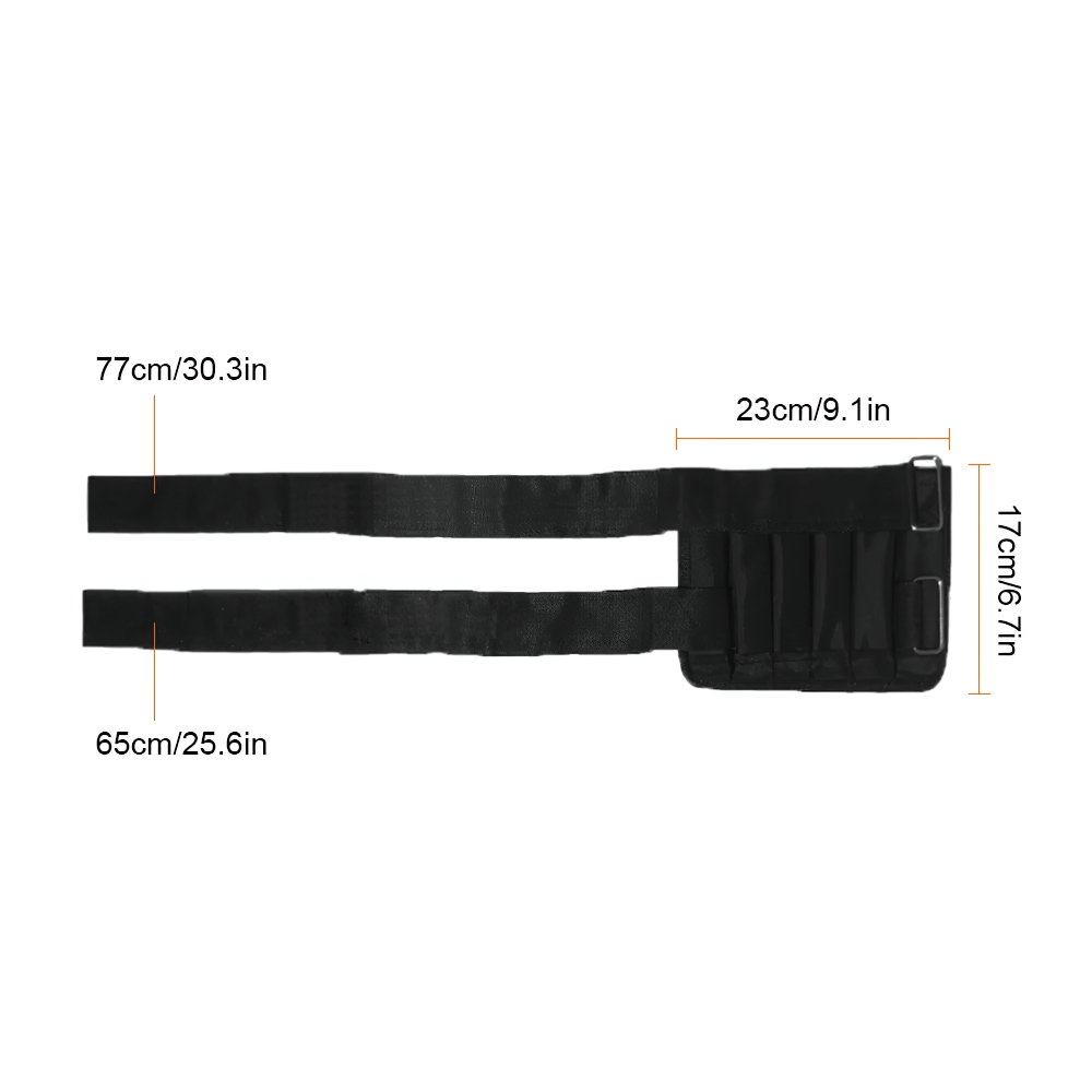 Adjustable black weighted strap for gym workouts with dimensions labeled in centimeters and inches.