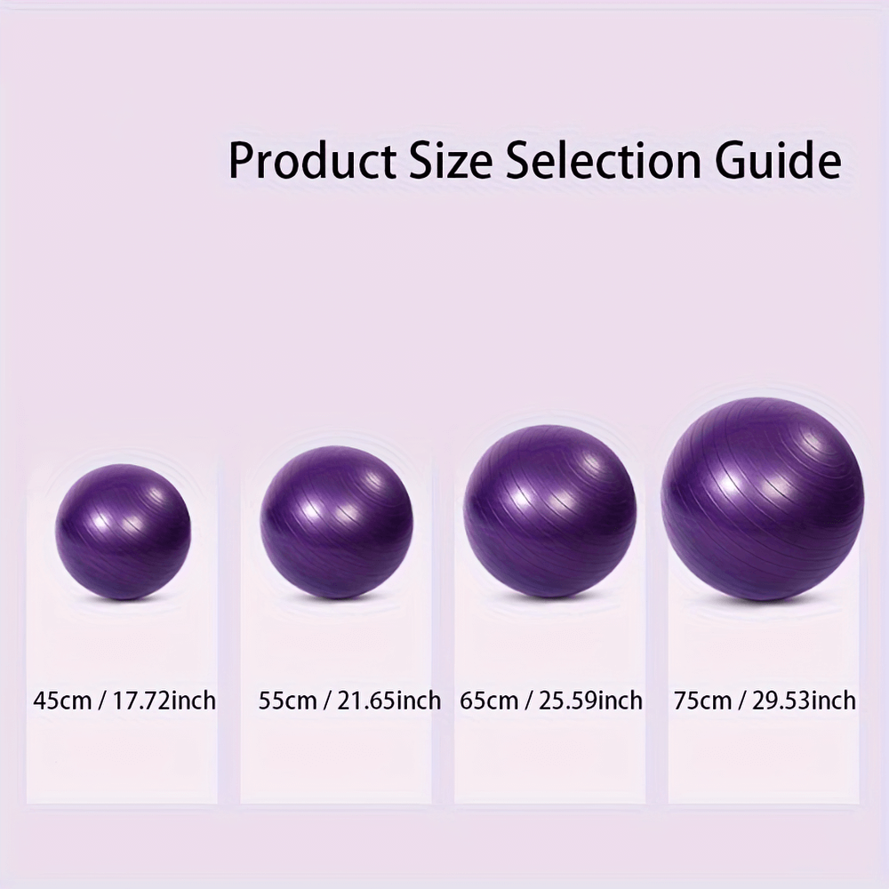 Purple yoga ball size selection guide showing options from 45cm to 75cm for versatile workouts.