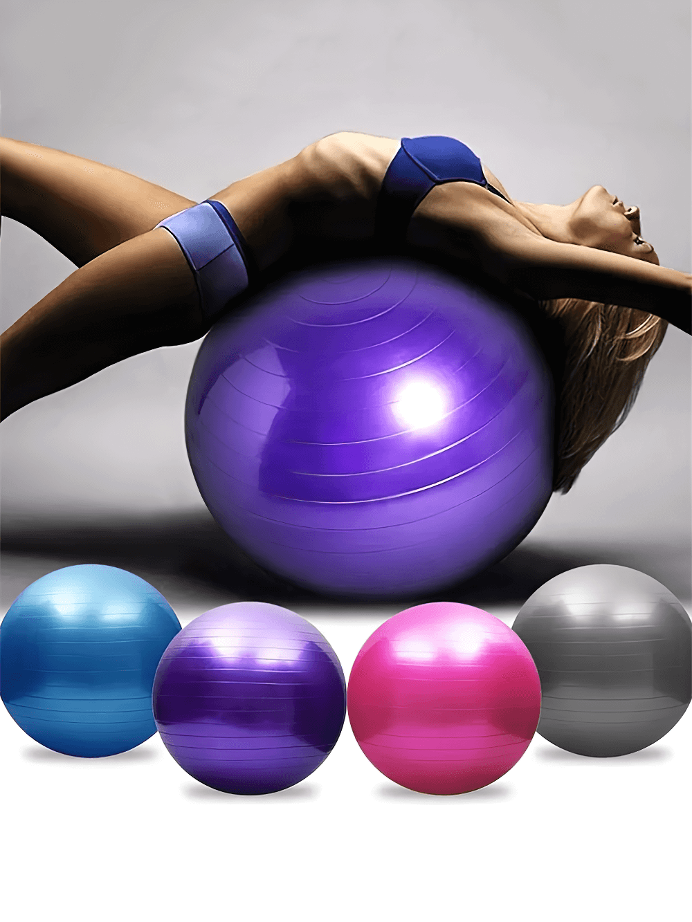 Colorful durable yoga balls for stability and exercise, shown in blue, purple, pink, and gray, with a woman demonstrating its use.