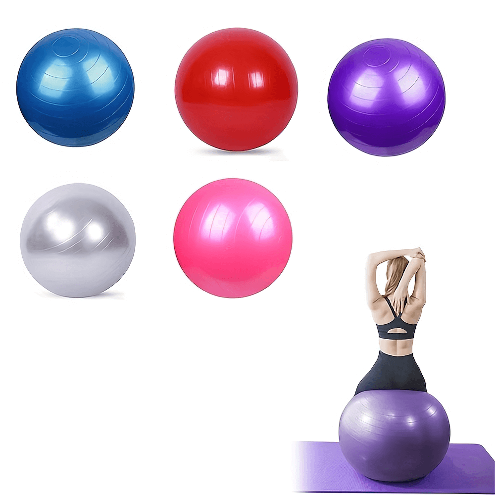 Colorful yoga balls for stability exercises, featuring a person stretching on a purple yoga ball, perfect for fitness and core training.