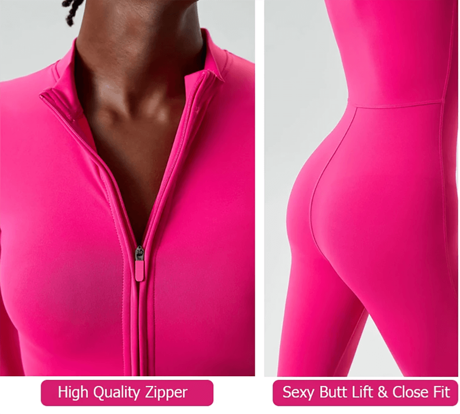 Pink zip-front fitness jumpsuit showcasing high-quality zipper and a flattering silhouette for yoga, gym, and active wear.