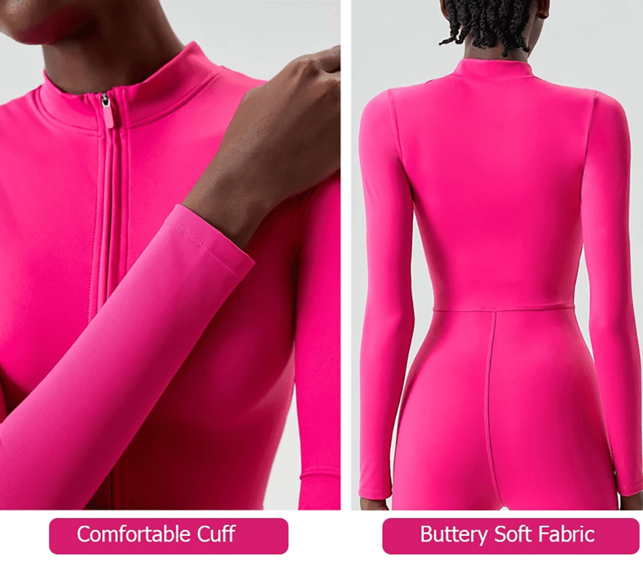 Bright pink zip-front jumpsuit with comfortable cuffs and buttery soft fabric, ideal for yoga and gym activities.