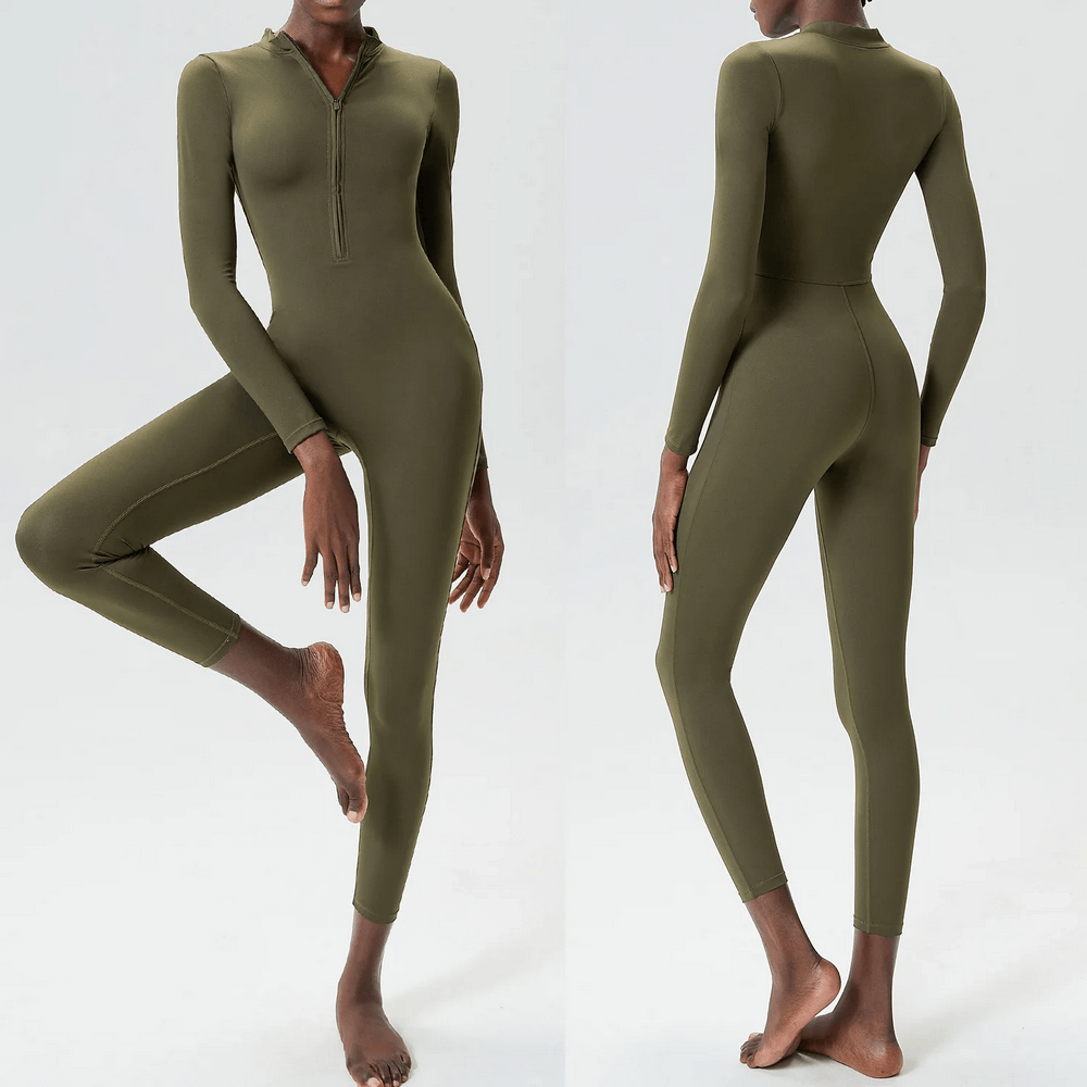 Olive green zip-front long sleeves jumpsuit for yoga, gym, and running. Made with stretchy nylon and Lycra for a snug fit.
