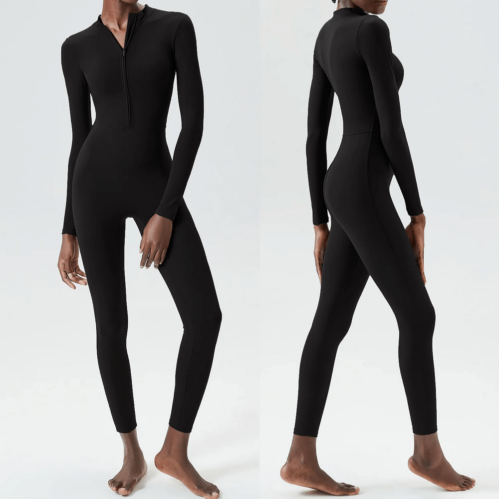 Dynamic long sleeves jumpsuit for yoga and gym, sleek zip-front design, made from nylon and lycra blend, perfect for active wear.