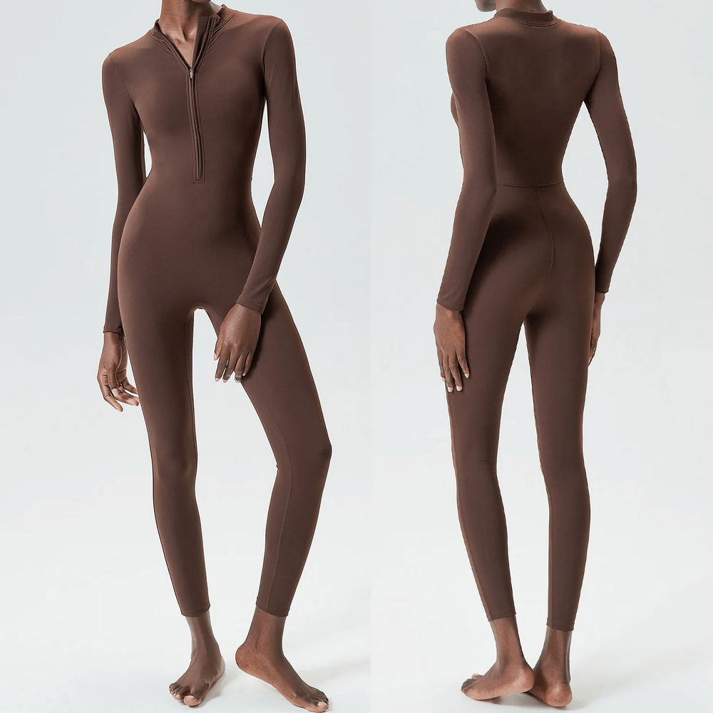 Sleek brown long sleeve jumpsuit for yoga and gym, featuring front zip and stretchy fit, perfect for an active lifestyle.