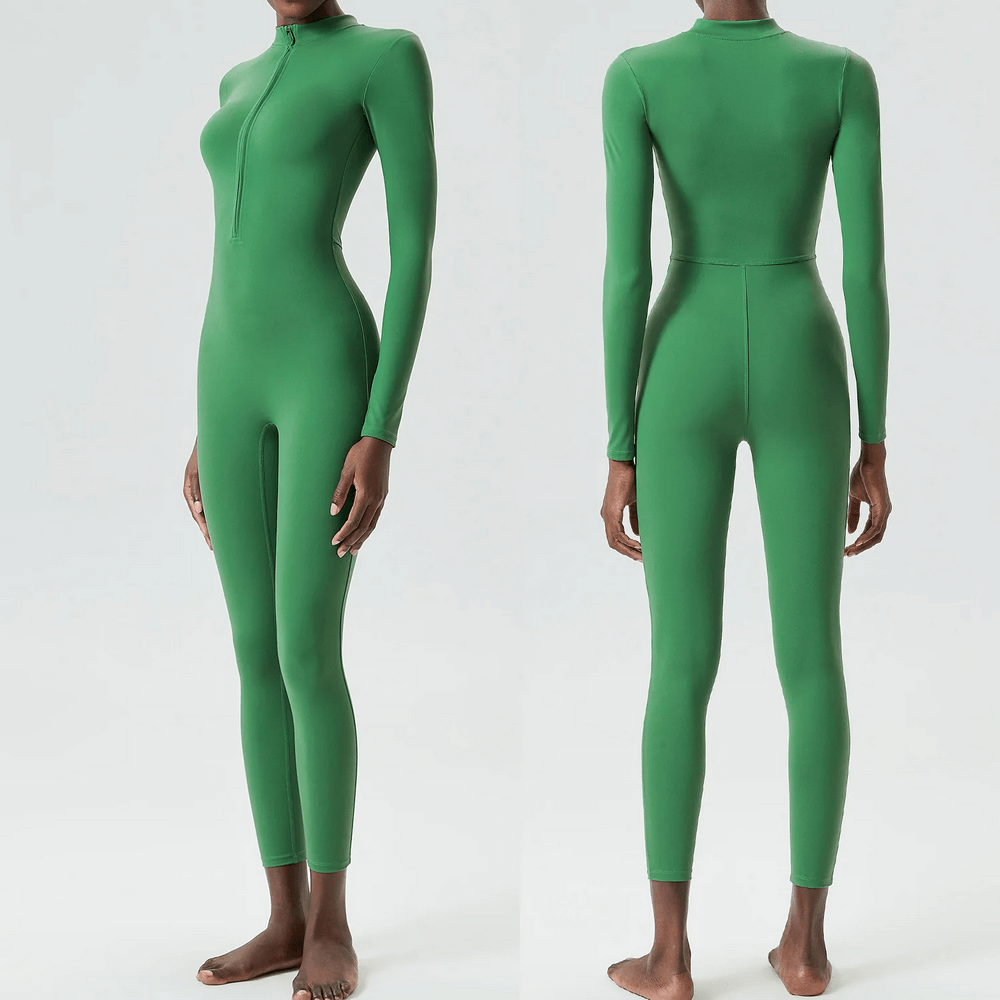 Green full-sleeve zip-front jumpsuit for yoga and gym, made of Nylon and Lycra, showcasing a sleek and streamlined fit. SF2082.