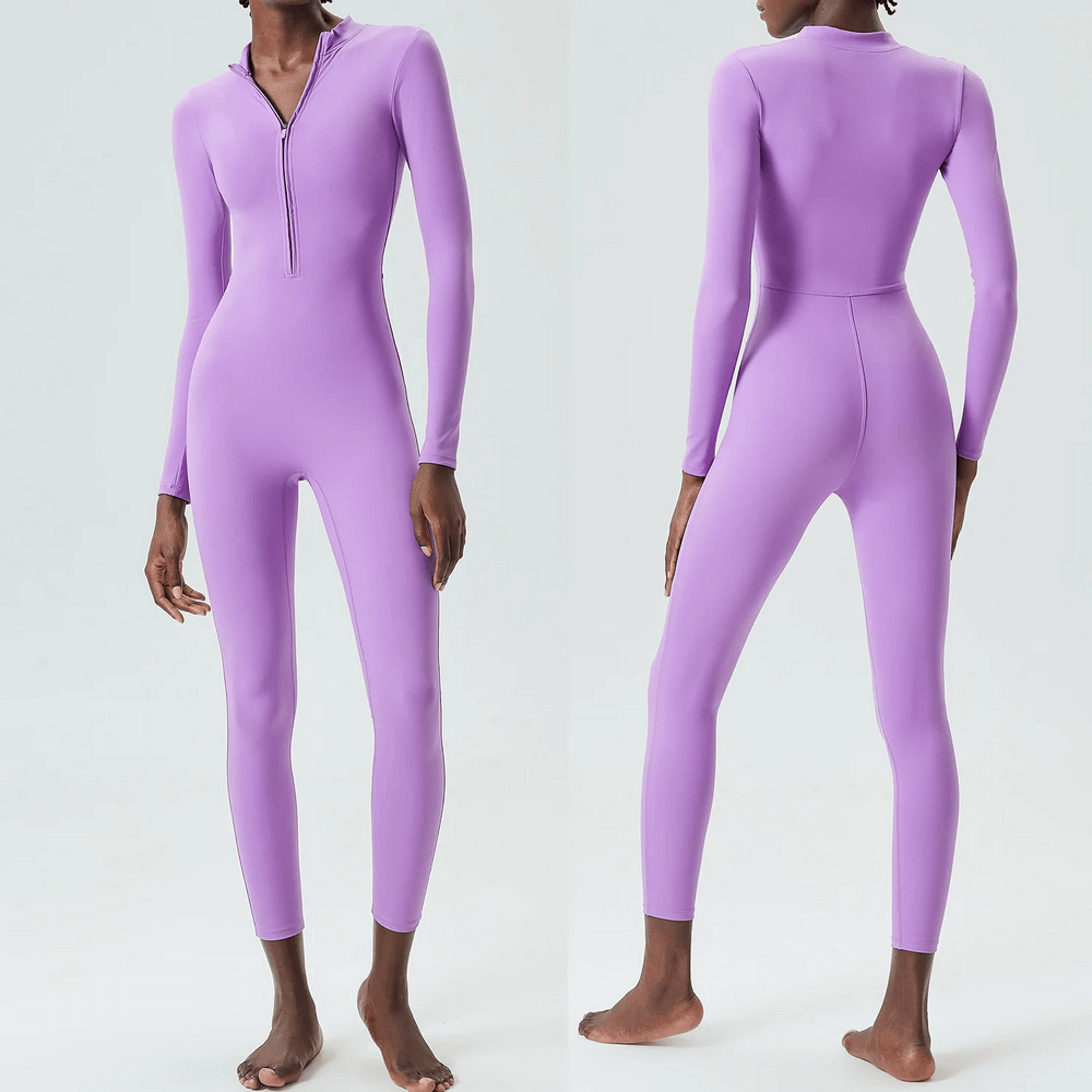 Sleek zip-front lavender jumpsuit for yoga and gym, full-sleeve design, nylon and lycra blend, perfect for active wear - SF2082.